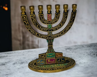 Vintage Colorful Brass Menorah Candle Holder