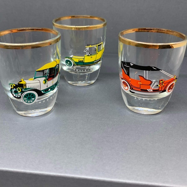 Set of 3 Vintage French Liqour/Schnapps/Shots Glass With Antique Cars. Morris Austin Rolls Royce