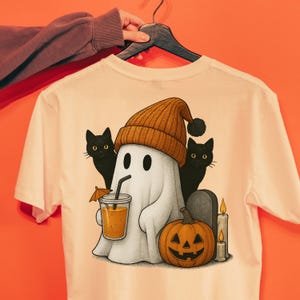 Cute Halloween Ghost with Pumpkin , Black Cats | Spooky PNG | Fall Sticker, T-Shirt & Mug Design | Digital Download