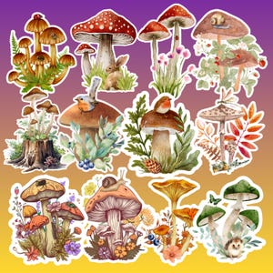 Whimsical Mushroom Stickers – Digital Download, Cute Forest Fungi Clipart for Scrapbooking & Journals
