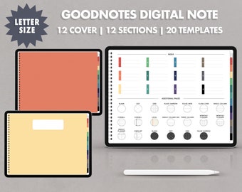 12 Sections Hyperlinked Digital Notebook | iPad Goodnotes Notebook, Notability | Dot, Lined, Cornell, Grid, Dark Template | Horizontal Note