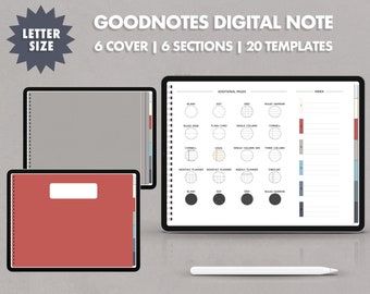Cuaderno digital con hipervínculos de 6 secciones / Cuaderno Goodnotes para iPad, Notabilidad / Punto, Rayado, Cornell, Cuadrícula, Plantilla oscura / Nota horizontal