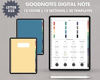 Cuaderno digital con hipervínculos de 12 secciones / Cuaderno Goodnotes para iPad, Notabilidad / Punto, Rayado, Cornell, Cuadrícula, Plantilla oscura / Nota vertical