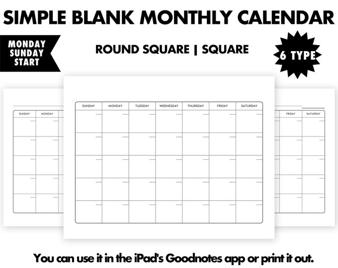 Blank Calendar Printable, Monthly Calendar, Month Wall Calendar, Desk ...