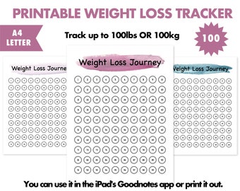 Weight Loss Tracker Printable PDF 100lbs & 100kg Motivational chart tool / A4, US Letter/ digital fitness planner