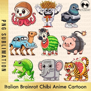 May include: A collection of whimsical cartoon characters in a chibi anime style. The designs include a coconut octopus, a toilet with spaghetti, a pigeon in a futuristic vehicle, and a pig in a bomb.