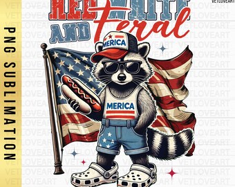 Rojo, blanco y salvaje PNG, Mapache 4 de julio PNG, Salvaje 4 de julio PNG, Camiseta divertida de mapache, Mapache americano PNG, Camiseta divertida de EE. UU., Salvaje pero libre