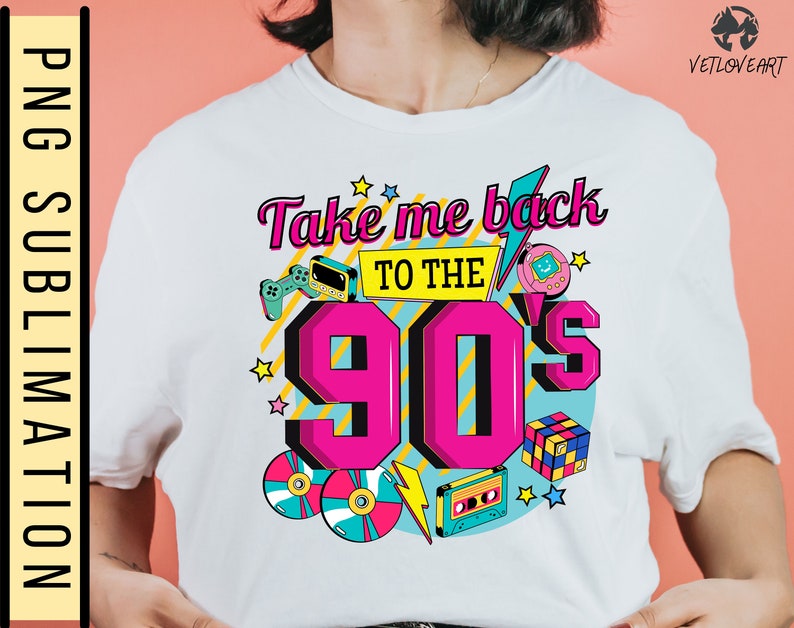 May include: White t-shirt with a graphic design featuring the text "Take me back to the 90's" in pink and yellow. The design includes retro icons like a cassette tape, a game cartridge, a Tamagotchi, and a Rubik's Cube.