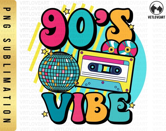 90s Vibe PNG: 1990 Retro Cassette, Disco Ball Design (Digital Download)