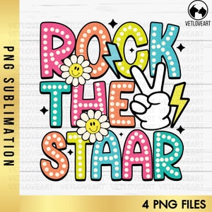 Peut inclure: Un design graphique coloré avec le texte "Rock the Star" dans un style rétro. Le texte est entouré de signes de paix, d'éclairs et de fleurs.
