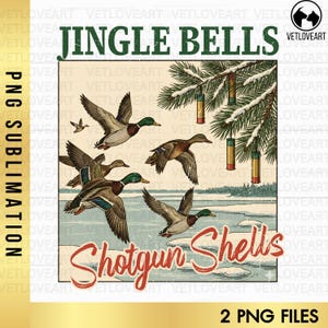 Op de afbeelding: Een digitale kunstprint met vliegende eenden boven een besneeuwd landschap. De afbeelding bevat de tekst "Jingle Bells" en "Shotgun Shells" in een feestelijk ontwerp, met hagelpatronen die aan een dennentak hangen. Bevat 2 PNG-bestanden.