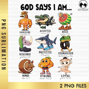 Op de afbeelding: Een digitale kunstprint met cartoonfiguren die positieve affirmaties vertegenwoordigen. De zin "GOD SAYS I AM..." staat bovenaan, met woorden als "Knap", "Geaccepteerd" en "Dapper" onder verschillende geïllustreerde figuren. De rechterbenedenhoek luidt "2 PNG FILES."