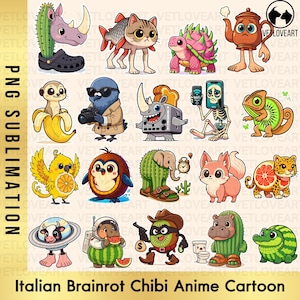 May include: A colorful digital illustration featuring various chibi anime cartoon characters. The image includes a rhino with a cactus, a cat with fish fins, a turtle with a pink shell, and a teapot. The text "Italian Brainrot Chibi Anime Cartoon" is at the bottom.