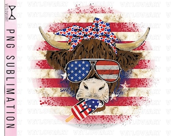 Patriotic Highland Cow PNG : Sublimation du 4 juillet (téléchargement numérique)