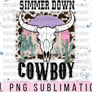 May include: A sublimation design featuring a white cow skull with horns, surrounded by cacti and a sunset. The text "Summer Down Cowboy" is written in black with a vintage font. The background is a brown and white cowhide pattern.