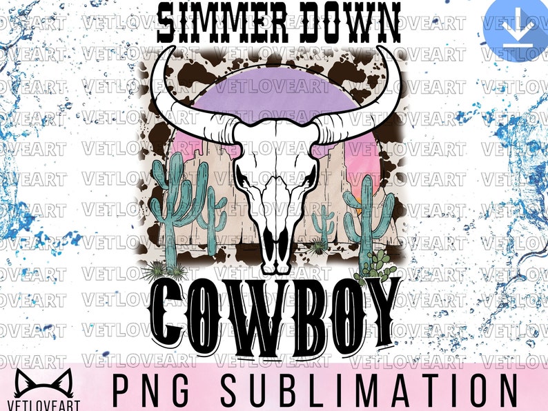 May include: A sublimation design featuring a white cow skull with horns, surrounded by cacti and a sunset. The text "Summer Down Cowboy" is written in black with a vintage font. The background is a brown and white cowhide pattern.