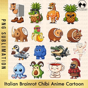 May include: A collection of colorful, cartoon-style animal characters, including a giraffe with an orange body, a pineapple owl, and a blue octopus. The image has the text "Italian Brainrot Chibi Anime Cartoon".