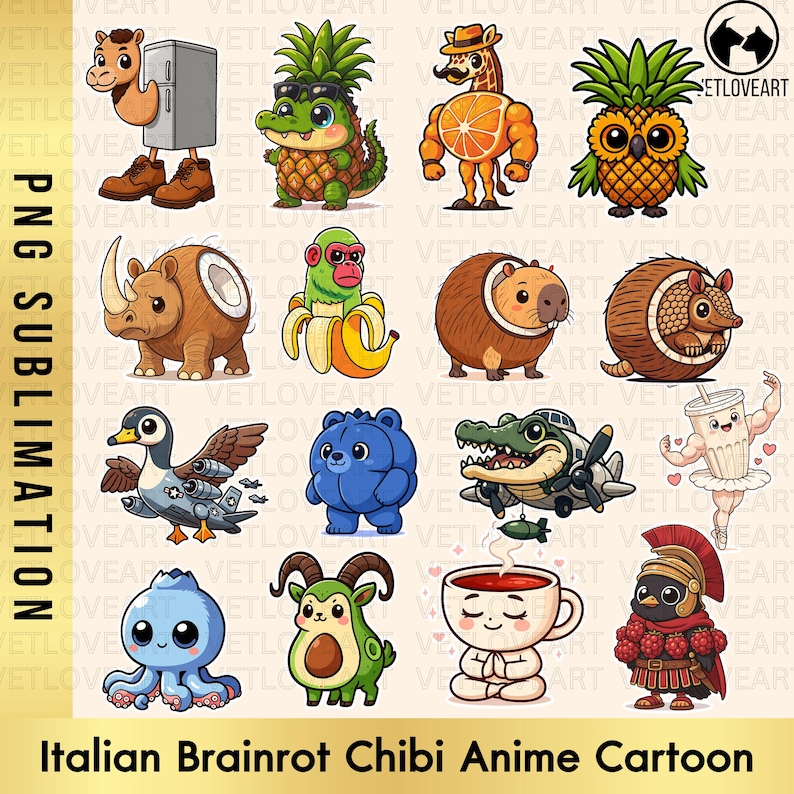 May include: A collection of colorful, cartoon-style animal characters, including a giraffe with an orange body, a pineapple owl, and a blue octopus. The image has the text "Italian Brainrot Chibi Anime Cartoon".