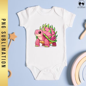 May include: White baby bodysuit featuring a cartoon illustration of a pink and green turtle. The turtle has a spiky shell and is set against a light blue background. The words "PNG SUBLIMATION" are printed vertically on the left side.