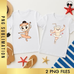 May include: Two white t-shirts with cartoon illustrations. One features a coffee cup ballerina in a peach tutu. The other shows a muscular milkshake in a tutu. The text "PNG SUBLIMATION" is on the left side of the image, and "2 PNG FILES" is at the bottom.