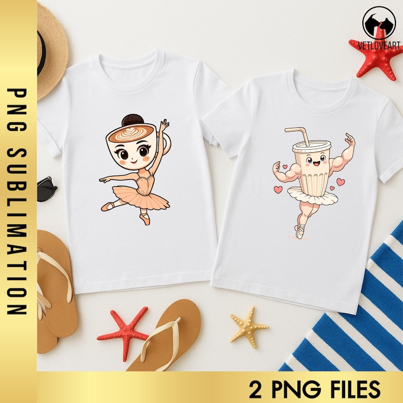 May include: Two white t-shirts with cartoon illustrations. One features a coffee cup ballerina in a peach tutu. The other shows a muscular milkshake in a tutu. The text "PNG SUBLIMATION" is on the left side of the image, and "2 PNG FILES" is at the bottom.
