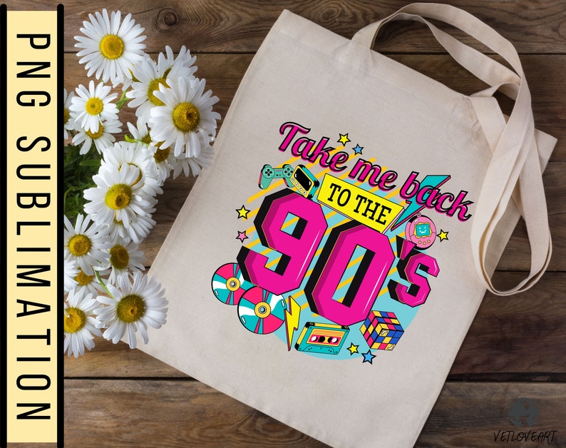 May include: A white tote bag with a colorful graphic design featuring the text "Take me back to the 90's". The design includes retro icons like a cassette tape, a game controller, a Tamagotchi, and a Rubik's Cube.