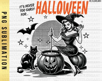 Puede incluir: Gráfico de Halloween en blanco y negro con una bruja removiendo un caldero, un gato negro y un murciélago. El texto dice "Nunca es demasiado pronto para... Halloween". Incluye estrellas.