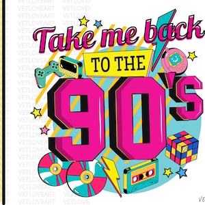 以下が含まれることがあります： 「Take me back to the 90's」というテキストが入ったピンクとブルーのグラフィックデザイン。デザインには、カセットテープ、ゲームコントローラー、たまごっち、ルービックキューブ、稲妻が含まれています。