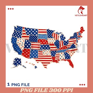 Puede incluir: Un mapa digital de los Estados Unidos, con un diseño de patchwork en rojo, blanco y azul. El mapa incluye Alaska y Hawái. También incluye el texto "1 PNG FILE" y "PNG FILE 300 PPI".
