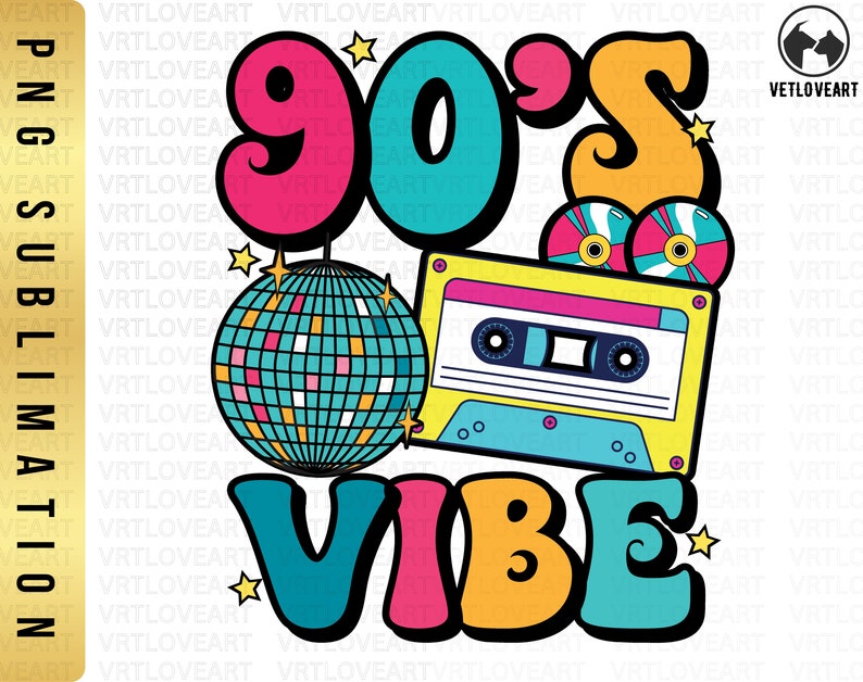 May include: A colorful graphic design with the text "90's Vibe" in a retro style. The design includes a disco ball, a cassette tape, and two yellow records.