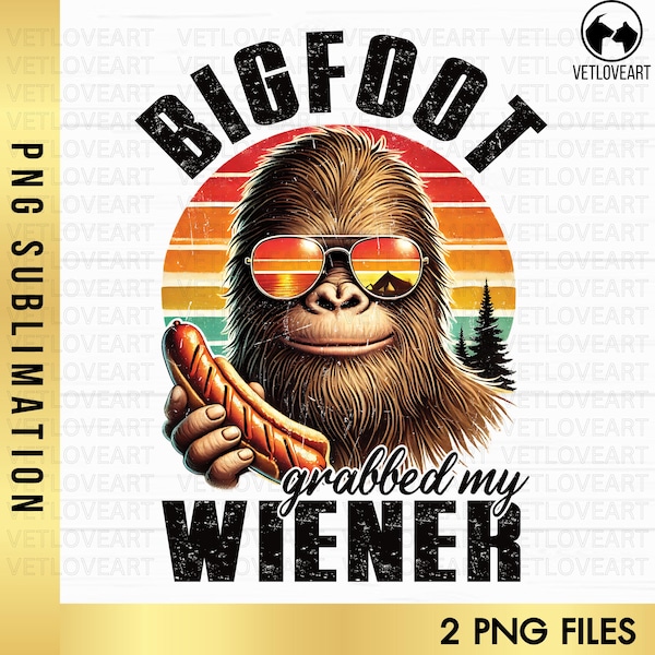 PNG divertido de Pie Grande acampando: Sasquatch retro con salchicha asada (descarga digital)