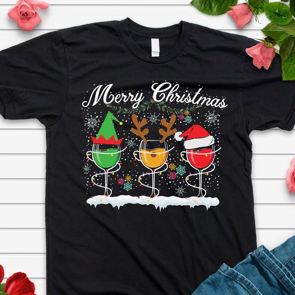 Copa de vino Santa Sombrero Camisa, Camisa de Copas de Vino de Navidad, Tres Copas de Vino Disfraz de Bebida Navideña, Camisa de Fiesta de Navidad, Regalo de Amante del Vino