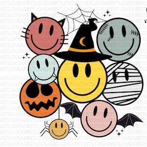 May include: A Halloween-themed design featuring a collection of colorful smiley faces with different expressions. The faces are arranged in a cluster, with a witch's hat on top of one of the faces. There is a spider with a smiley face hanging from a web.