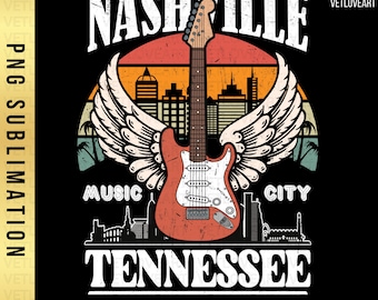 Nashville Music City Guitar PNG: Retro Western Design (Digital Download)