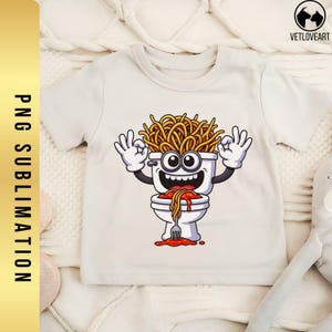 May include: A cream-colored t-shirt featuring a cartoon toilet character with spaghetti hair, smiling eyes, and arms making an 'okay' gesture. The toilet is filled with spaghetti and sauce, with a fork at the bottom. The text "PNG SUBLIMATION" is on the left side.
