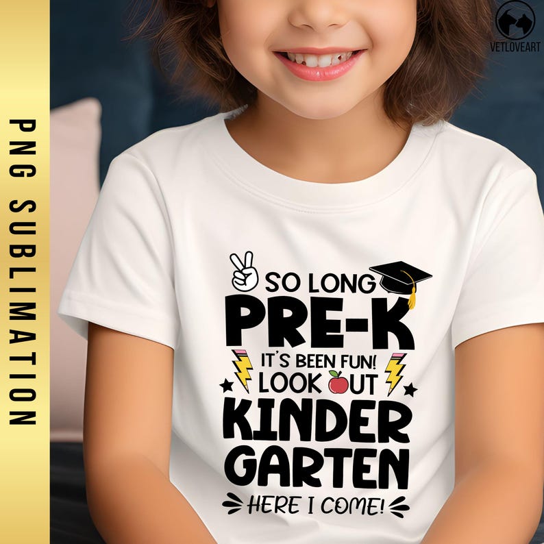 May include: White t-shirt with a black graphic that says "So long Pre-K It's been fun! Look out Kindergarten Here I come!" with a graduation cap, lightning bolts, and a red apple.