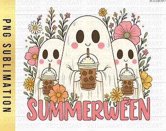 Retro Ghost Summer PNG: Iced Coffee, Trendy Halloween (Digital Download