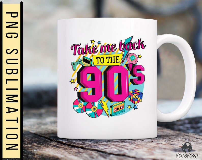 May include: White ceramic mug with a colorful graphic design featuring the text "Take me back to the 90's" and retro icons like a cassette tape, a game controller, and a Tamagotchi.