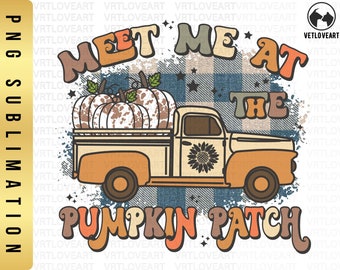 Puede incluir: Gráfico de estilo vintage con una camioneta crema y naranja con un girasol en la puerta, que transporta calabazas. El texto dice "Meet Me At The Pumpkin Patch" en letras retro, con un fondo a cuadros.