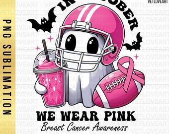 Retro Breast Cancer Awareness PNG: Halloween Ghost, In October We Wear Pink (Digital Download)