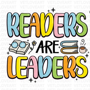 以下が含まれることがあります： 遊び心のあるフォントで「Readers are Leaders」というテキストが書かれたカラフルなグラフィックデザイン。デザインには、本、コーヒーカップ、眼鏡が描かれています。