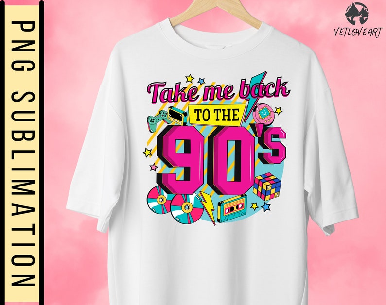 May include: White t-shirt with a graphic design featuring the text "Take me back to the 90's" in pink and blue lettering. The design includes retro 90's icons like a cassette tape, a game cartridge, a game controller, a Tamagotchi, and a Rubik's Cube.