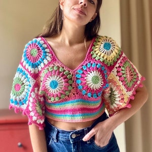 Granny Square Crop Top,Colorful Crochet CropTop,Crop Top,Crochet Festival Top, Summer Crop Blouse