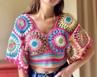 Granny Square Crop Top,Colorful Crochet CropTop,Crop Top,Crochet Festival Top, Summer Crop Blouse