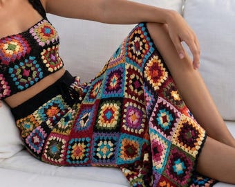 Handmade Cotton Granny Square Crochet Maxi Skirt - Boho Festival Outfit