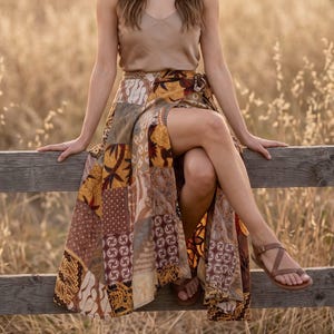 Bohemian Maxi Skirt, Brown Cotton Patchwork Wrap, Adjustable One Size
