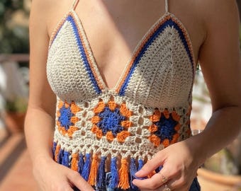 Fringe Crochet Crop top, Festival Top, Boho Outfit , Handmade  Bustier