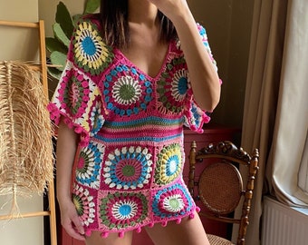 Granny Square Dress,crochet Mini Dress,deep V Mini Dress