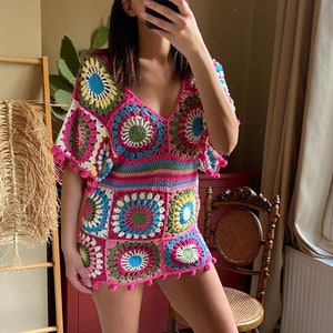 Granny Square Dress,Crochet Mini Dress,Deep V Mini Dress,Beachwear,Summer Mini Dress,Sexy Dress image 1