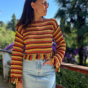 Crochet Long Sleeve  Fringed Sweater, Crochet Crop Top, Long sleeve Top, Crochet Crop Sweater